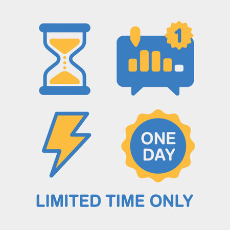 Four flat design icons in blue and yellow depict a hourglass, a bar chart, a lightning bolt, and a badge reading ONE DAY against a light gray background The text LIMITED TIME ONLY is displayed below.のイラスト素材