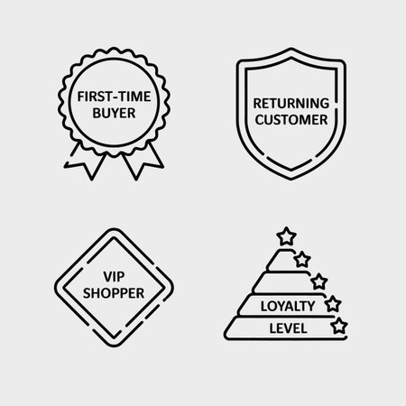 Four black line icons on a light gray background depict stages in a customer loyalty program: a first-time buyer badge, a returning customer shield, a VIP shopper diamond, and a loyalty level pyramid with stars.  The style is simple and minimalist.のイラスト素材