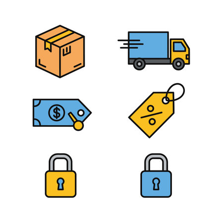 Six simple line icons on a white background illustrate ecommerce concepts: a cardboard box a delivery truck a price tag with a dollar sign a percentage discount tag and two padlocks representing secure transactions The icons are in yellow blue and orangeのイラスト素材