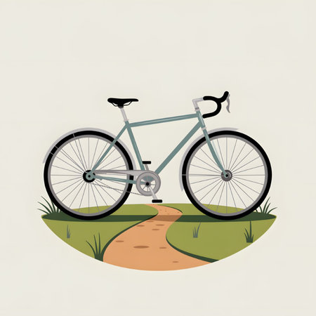 A minimalist illustration depicts a light teal bicycle positioned on a tan path amidst green grass. The style is simple and flat with muted colors creating a calm mood.のイラスト素材