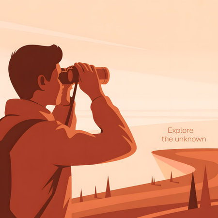 A stylized illustration depicts a person using binoculars to view a tranquil landscape. The color palette is primarily warm oranges and browns, creating a serene and peaceful mood. The scene features a winding river valley at sunset. The style is minimalist and vector-based.のイラスト素材