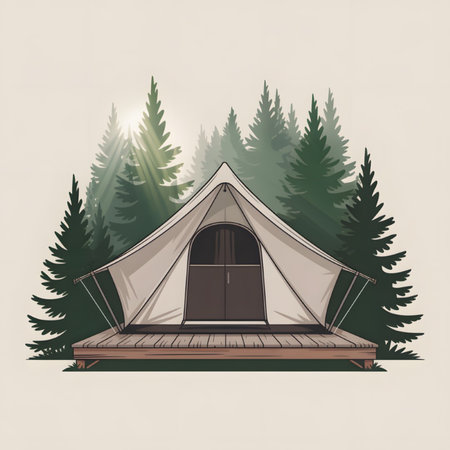 Illustration of a beige canvas tent with dark brown double doors situated on a wooden deck in front of a lush green pine forest bathed in sunlight. The scene evokes a sense of tranquility and peace.のイラスト素材