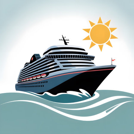 Stylized illustration of a large cruise ship sailing on teal ocean waves under a bright yellow sun The ship is predominantly gray and black with red accents The style is simple and graphic with bold colors and clean linesのイラスト素材