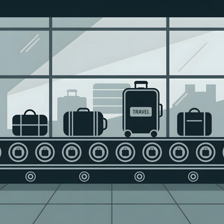 Four dark grey suitcases of varying sizes move along a dark grey conveyor belt against a light grey background depicting an airport window.  The style is minimalist and flat.のイラスト素材