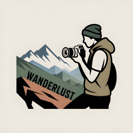 A stylized illustration depicts a person in a tan vest and knit cap taking a photograph of snowy mountains. The word Wanderlust is prominently displayed on a reddish-brown rock in the foreground. The style is graphic and vector-based, with bold outlines and flat colors.のイラスト素材