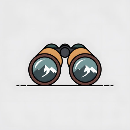 A simple illustration of binoculars showing a mountain range in their lenses The style is flat design with orange and brown binoculars against a white background.のイラスト素材