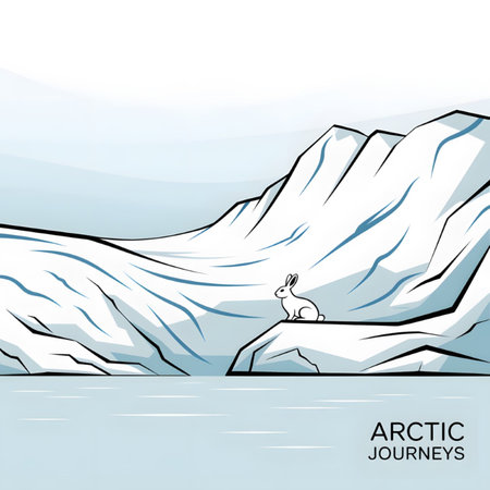 A minimalist line art illustration depicts a white arctic hare sitting on a rock overlooking a light blue body of water and snowy mountains. The style is simple and clean with a serene mood.  The color palette is limited to shades of white, light blue, and black.のイラスト素材