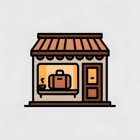A simple line art illustration depicts a small shop with a brown roof and beige walls.  A brown suitcase is prominently displayed in the window alongside a small cup. The shop has a brown door. The style is minimalist and flat.のイラスト素材