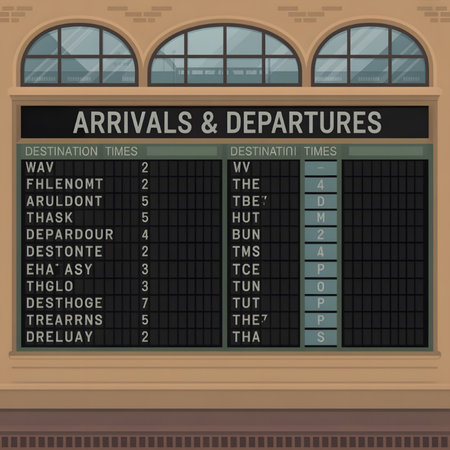 A tan building displays a green and black arrivals and departures board with white lettering showing destinations and times. The style is retro.のイラスト素材