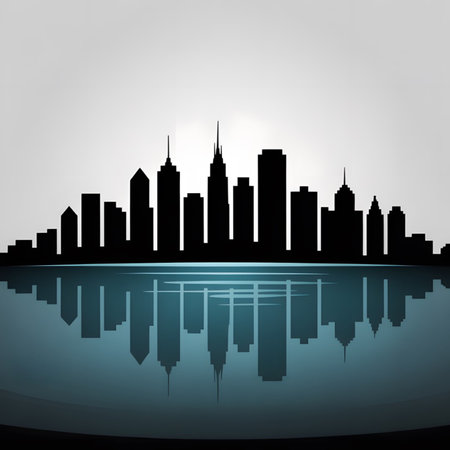 A black silhouette of a city skyline is reflected in calm teal water The illustration features various building heights and shapes creating a detailed urban scene The overall style is minimalist and modernのイラスト素材