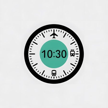 A minimalist graphic depicts a black circular clock face with a teal central circle showing the time...