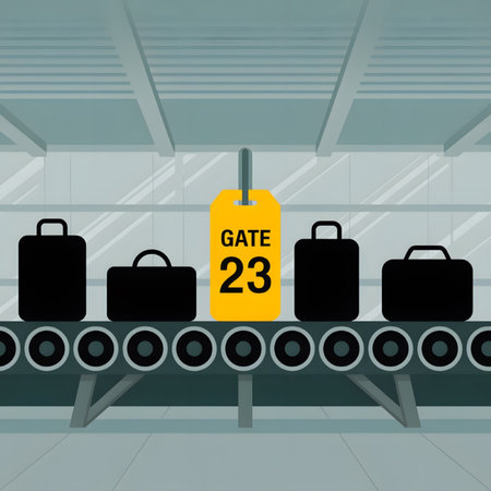 Four black suitcases move along a gray baggage carousel. A yellow luggage tag reading GATE 23 hangs above the central suitcase. The setting is a simple, minimalist depiction of an airport baggage claim area.のイラスト素材