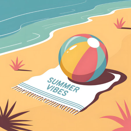 A vector illustration depicts a colorful beach ball on a white towel with the words Summer Vibes on a sandy beach next to a turquoise ocean. Minimalist tropical plants are included. The style is flat and simple with bright, cheerful colors.のイラスト素材