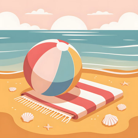 A stylized illustration depicts a colorful beach ball on a red and white striped beach towel on a sandy beach The ocean and a pastel sunset are in the background Several seashells and starfish are scattered on the sand The style is simple and flat with pastel colors creating a calm and tranquil moodのイラスト素材