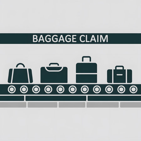 Four dark teal suitcases of varying sizes move along a dark teal conveyor belt against a light gray background The words Baggage Claim are displayed above the conveyor belt.  The style is simple and minimalist.のイラスト素材