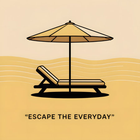 A minimalist illustration depicts a beige chaise lounge under a yellow parasol on a sandy beach with subtle wave lines The color palette is warm and calming creating a peaceful mood.  The style is simple and clean.のイラスト素材