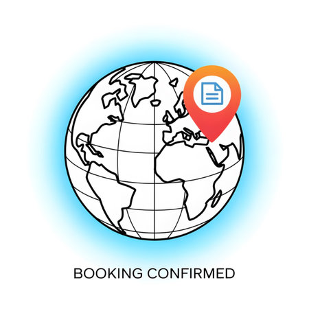 A black line art illustration of a globe with an orange location pin containing a document icon.  The text Booking Confirmed is below the globe. The globe is set against a light blue gradient background. The style is simple and minimalist.のイラスト素材