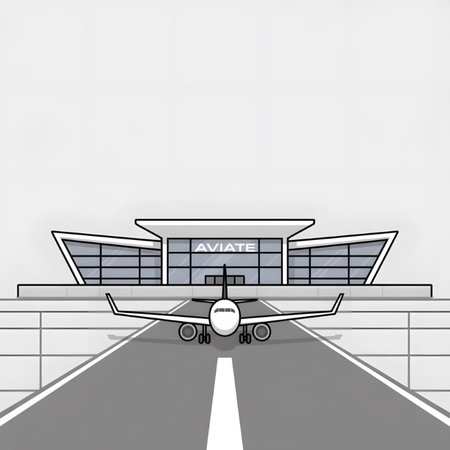 A simplified illustration depicts a white airplane taxiing on a runway toward a modern gray airport terminal. The terminal features large windows and the word Aviate prominently displayed. The overall style is minimalist and clean.のイラスト素材