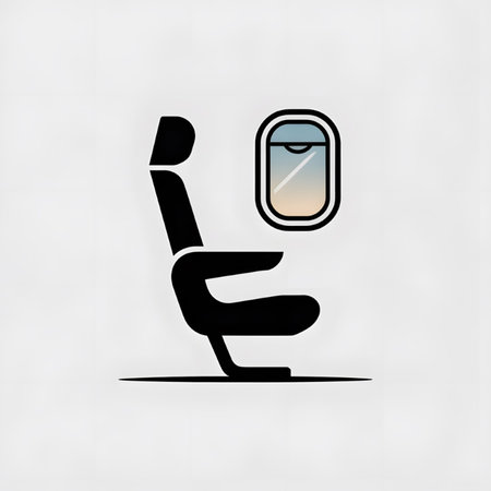 Minimalist graphic design featuring a black silhouette of an airplane seat next to a window showing a soft sunrise or sunset gradient.  The style is simple and flat.のイラスト素材