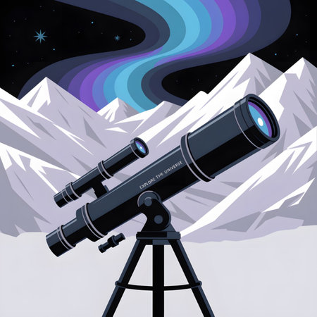 A black refracting telescope on a tripod is positioned in the foreground against a backdrop of snowy mountains and a vibrant aurora borealis in a dark night sky. The scene is rendered in a stylized, graphic style with distinct color blocks and clean lines. The text "Explore the Universe" is subtly visible on the telescope.のイラスト素材