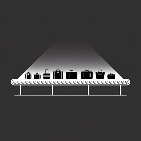 A minimalist illustration depicts a series of black suitcases and bags of varying sizes moving along a white conveyor belt against a dark gray background. A spotlight illuminates the scene from above. The style is simple and graphic.のイラスト素材