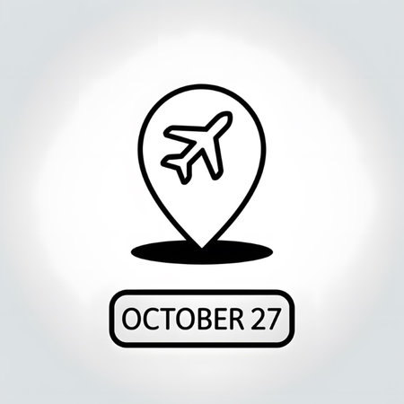 A minimalist graphic features a black outline airplane icon within a black outline location marker against a white background A black rectangular box displays October 27 below the markerのイラスト素材