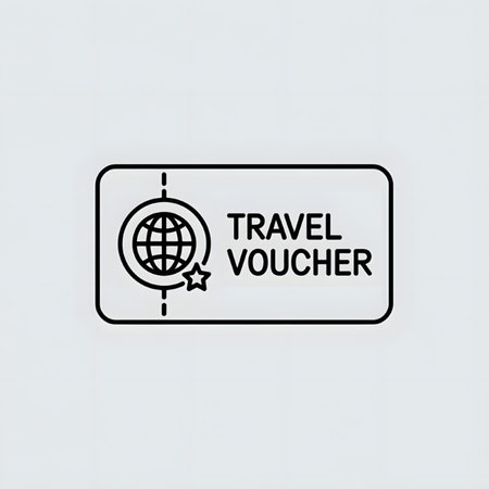 A simple black and white line art illustration depicts a rectangular travel voucher with a globe icon and star. The design is minimalist and features clean lines against a light gray background.のイラスト素材