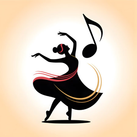A black silhouette of a ballerina in a flowing dress with red and gold accents dances gracefully against a beige background A large musical note is featured near the dancerのイラスト素材