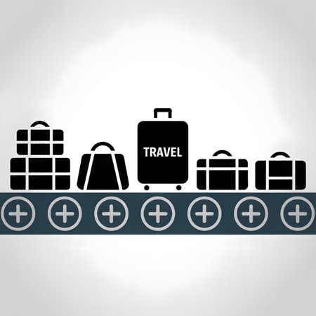 A simple graphic illustration shows black silhouette luggage icons on a dark gray conveyor belt with plus symbols.  The luggage includes a large suitcase labeled TRAVEL, smaller suitcases, and a handbag. The style is minimalist and flat.のイラスト素材