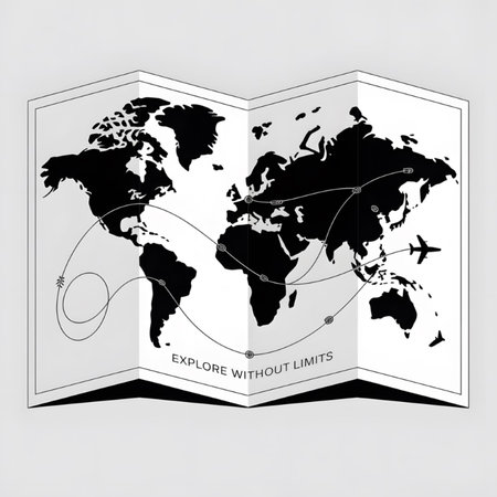 A folded monochrome illustration depicts a world map in black with travel routes and an airplane....