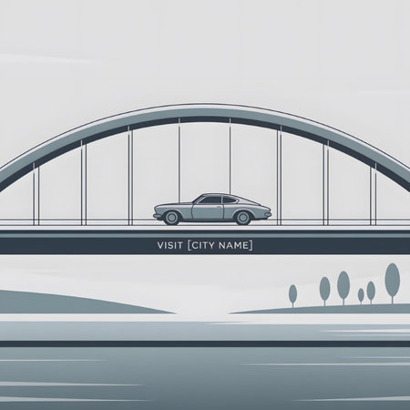 A minimalist illustration depicts a light gray classic car driving across a modern arch bridge against a muted blue and gray landscape. The style is simple and elegant with a serene mood.  The scene includes a river and a line of trees.のイラスト素材