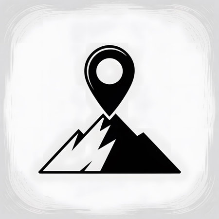 A minimalist graphic depicts a black location pin icon positioned atop a stylized black and white mountain peak against a white background framed by a light gray textured border. The style is simple and clean.のイラスト素材