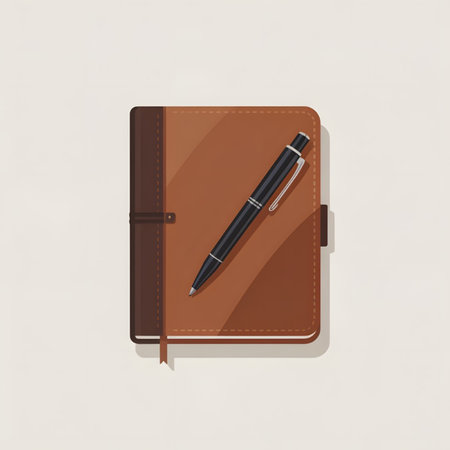 A flat lay overhead shot depicts a brown leather bound notebook with a black ballpoint pen resting on top The notebook has a dark brown leather spine and stitching detail The pen is positioned slightly off center The background is a light beigeのイラスト素材