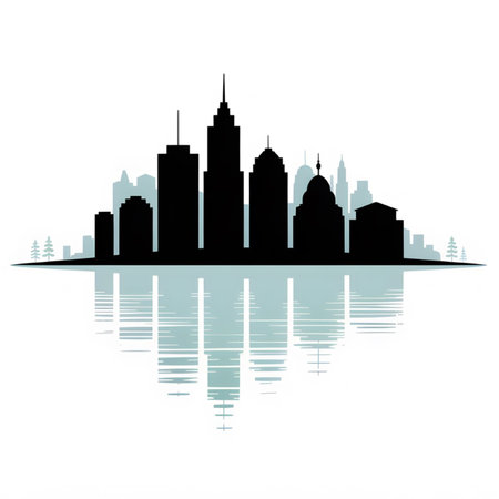 A minimalist illustration depicts a black silhouette cityscape reflected in calm teal water The skyline features various building heights and architectural styles creating a balanced composition.  The overall mood is serene and tranquil.のイラスト素材