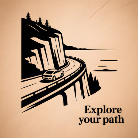 A black and white illustration depicts a car driving along a winding coastal road perched high on cliffs overlooking a calm ocean.  Pine trees top the cliffs. The style is minimalist and graphic. The text Explore Your Path is included.のイラスト素材