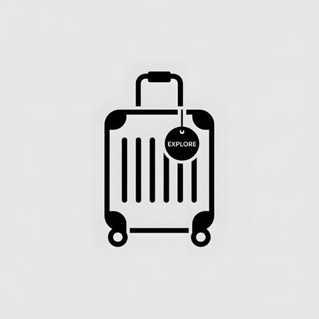A simple black icon depicting a suitcase with wheels and a circular tag reading EXPLORE. The design is minimalist and flat against a white background.のイラスト素材