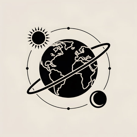 A minimalist black and white illustration depicts the Earth sun and moon in orbit The style is simple and clean with bold black shapes against a light beige background The image evokes a sense of space and astronomyのイラスト素材