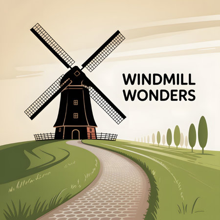 A stylized illustration depicts a black windmill standing on a gently rolling green hill A winding stone path leads to the windmill A row of green trees is visible in the background The sky is a pale beige color The overall mood is peaceful and sereneのイラスト素材