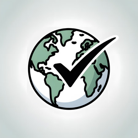 A stylized illustration depicts a green globe with a prominent black checkmark overlaid It features a simple line drawing style against a light gray background The color palette is limited to shades of green black and whiteのイラスト素材