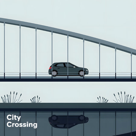 A dark grey hatchback car drives across a modern steel suspension bridge over calm water reflecting the car below. The illustration is minimalist with muted grey and blue tones creating a serene mood.のイラスト素材