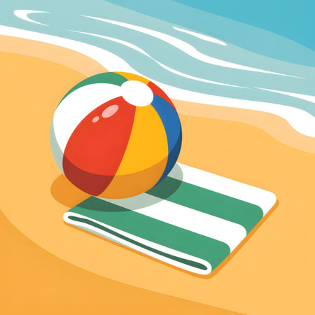 A vibrant beach ball with red, yellow, blue, and white panels sits on a green and white striped beach towel on a sandy beach next to light blue ocean waves. The illustration style is simple and cheerful.のイラスト素材