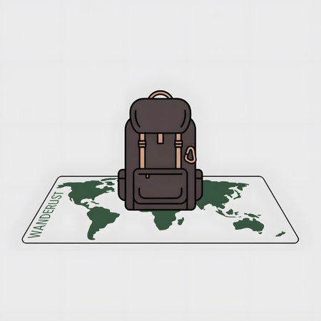 A dark brown backpack sits centrally on a simplified world map illustration The map is primarily white with dark green landmasses The word Wanderlust is written vertically along the left side in a light green color The style is simple and minimalist with clean lines and flat colorsのイラスト素材