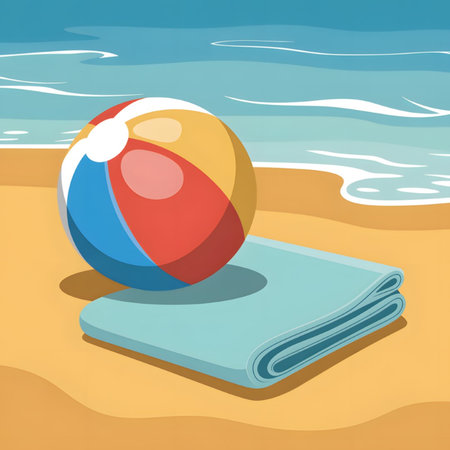 A cartoon illustration depicts a colorful beach ball with red yellow blue sections resting on a light blue folded beach towel on a sandy beach next to light blue green ocean waves.のイラスト素材