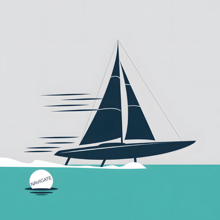 A dark blue trimaran sailboat is depicted sailing swiftly across teal water under a light gray sky Motion blur lines suggest speed A white circle with the word NAVIGATE is partially submerged in the water The style is minimalist and graphicのイラスト素材