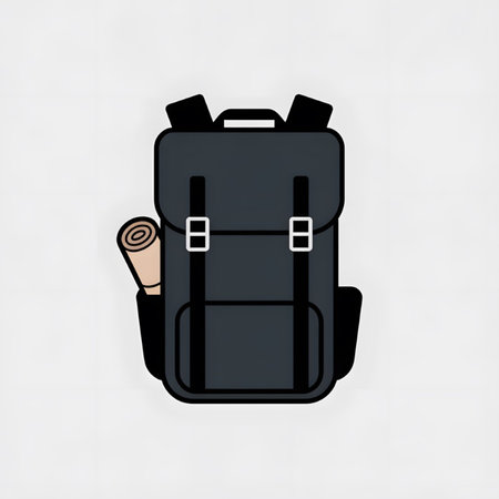 A dark gray backpack icon is depicted in a simple flat design style against a light gray background A rolled map is visible in the side pocket The illustration features clean lines and minimal detailsのイラスト素材