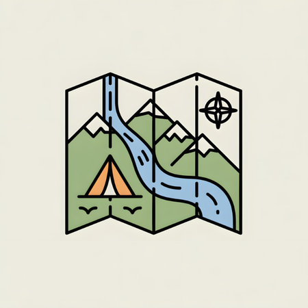 A stylized illustration depicts a folded map showing a winding light blue river flowing through a sage green mountainous region An orange tent is situated near the river A compass icon is featured in the upper right corner The style is simple line art with a minimalist aestheticのイラスト素材