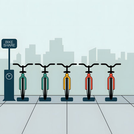 A flat design illustration depicts five bicycles of varying colorsのイラスト素材