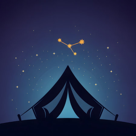 A stylized silhouette of a dark blue camping tent is set against a deep blue night sky scattered with small white stars and a prominent gold constellation. The scene evokes a sense of tranquility and adventure.のイラスト素材