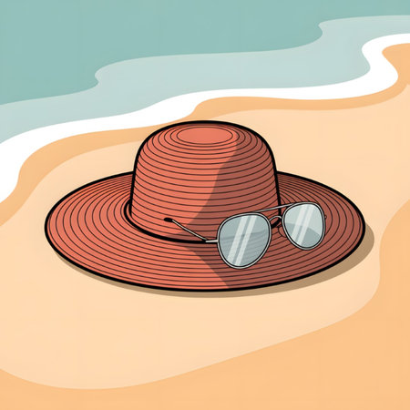A coral red sun hat with a wide brim and silver aviator sunglasses lie on a sandy beach next to light turquoise ocean waves. The illustration is simple and minimalist with a flat design style.のイラスト素材