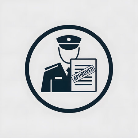 A dark blue icon depicts an officer in uniform holding a document marked APPROVED inside a dark blue circular frame against a light gray background. The style is simple and minimalist.のイラスト素材